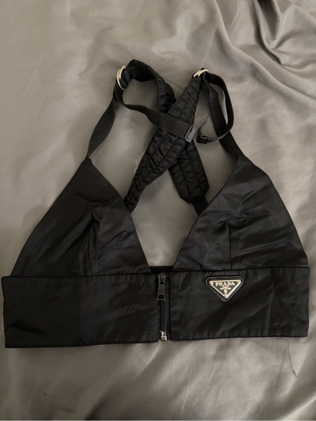 Prada Black Nylon Triangle Bralette With Logo Plaque